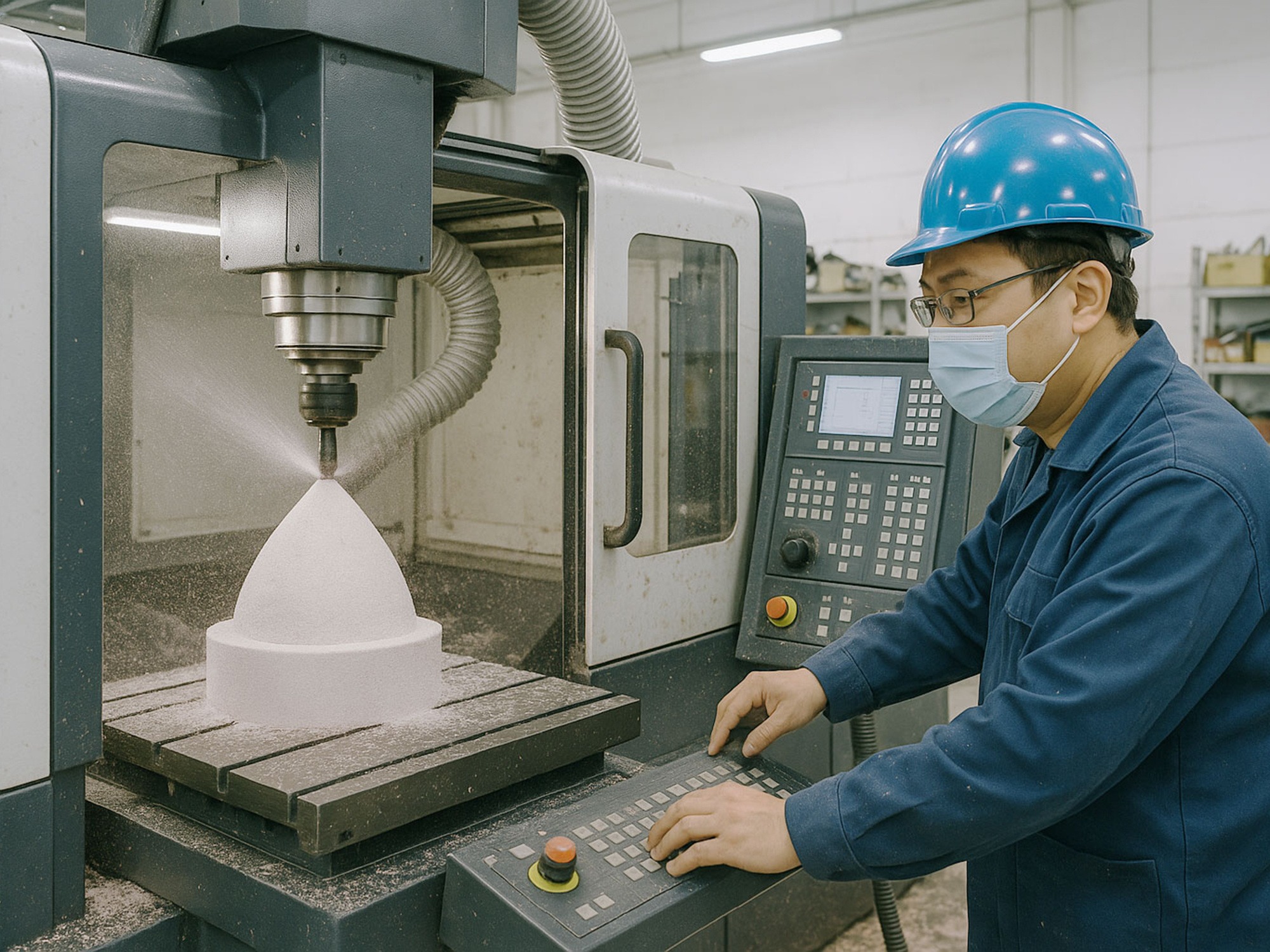 Operator machining a formed foam core on CNC equipment